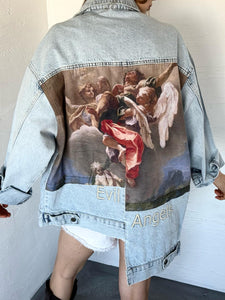 Vintage Denim Jacket with Renaissance Art "Evil Angels" Print - Unisex Oversized Fit