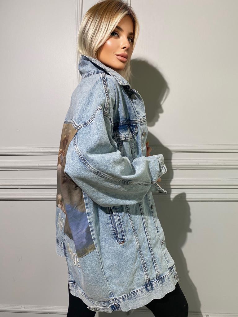 Vintage Denim Jacket with Renaissance Art "Evil Angels" Print - Unisex Oversized Fit