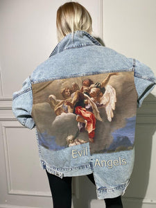 Vintage Denim Jacket with Renaissance Art "Evil Angels" Print - Unisex Oversized Fit