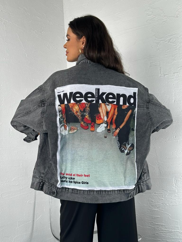 Retro Black Denim Jacket with Pop Culture "Weekend" Print - Unisex Oversized Style