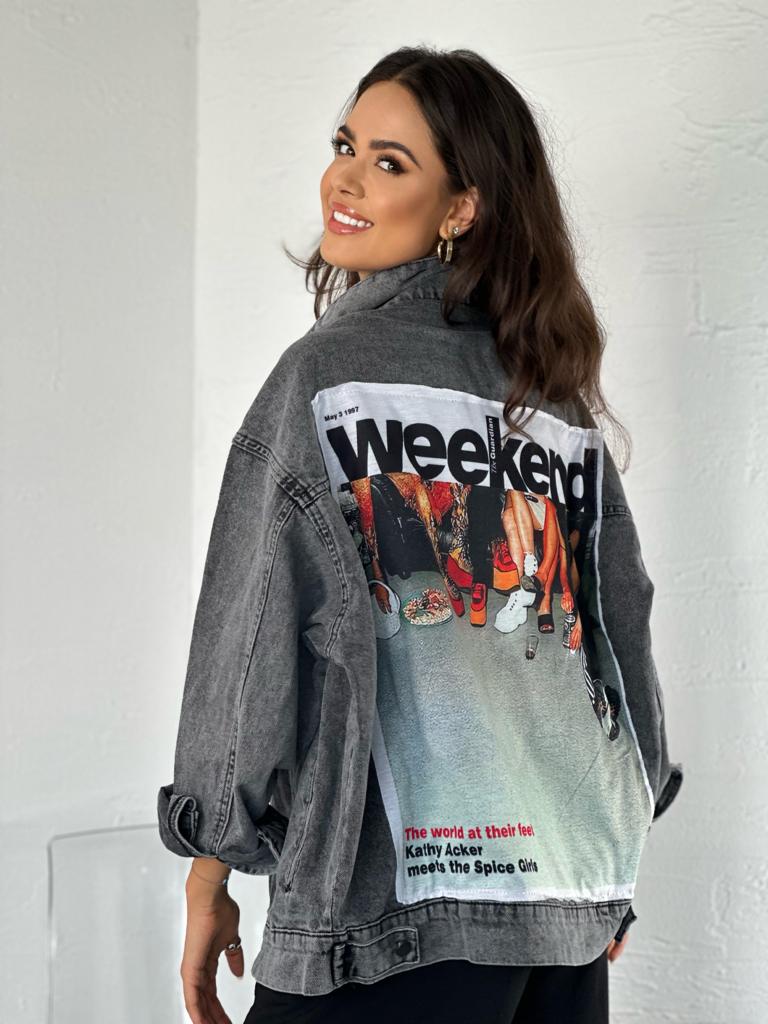 Retro Black Denim Jacket with Pop Culture "Weekend" Print - Unisex Oversized Style