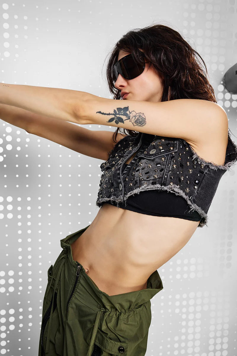 Studded Denim Crop Vest – Edgy Elegance for Summer