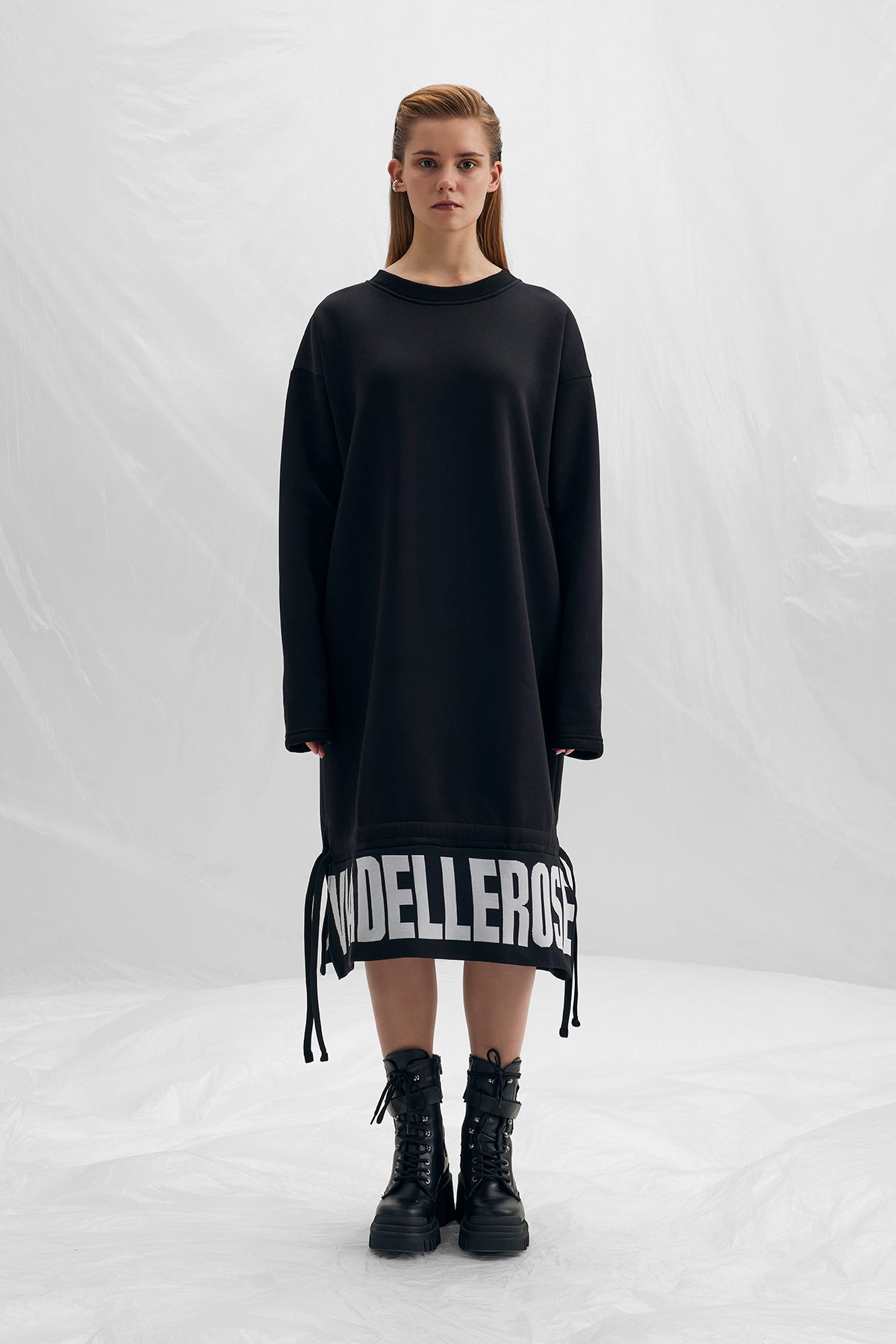 Black Oversized Sweatshirt Dress with Logo Details  Balensed