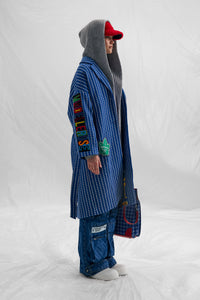 Bold Graphic Oversized Blue Coat with Lion Print and Streetwear Style