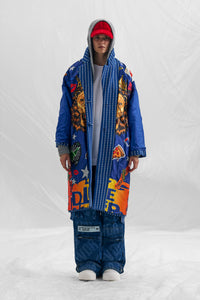 Bold Graphic Oversized Blue Coat with Lion Print and Streetwear Style