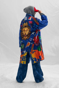Bold Graphic Oversized Blue Coat with Lion Print and Streetwear Style